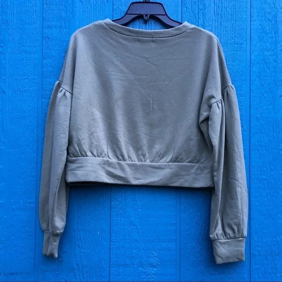 NWT Abound Olive Green Puff Long Sleeve Pullover Cropped Sweater Size Small - Picture 4 of 5
